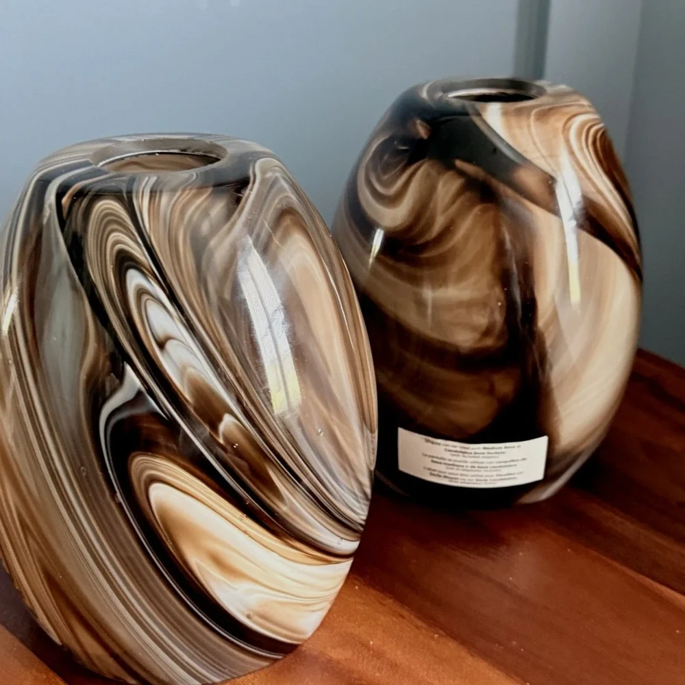 Pair Swirl Glass Pendant Lamp Shades Brown White Marbleized Bell Globes 6.5